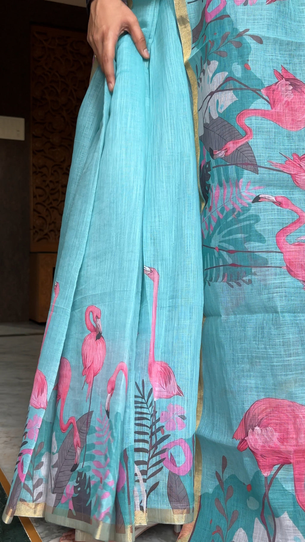 flamingo linen cotton saree