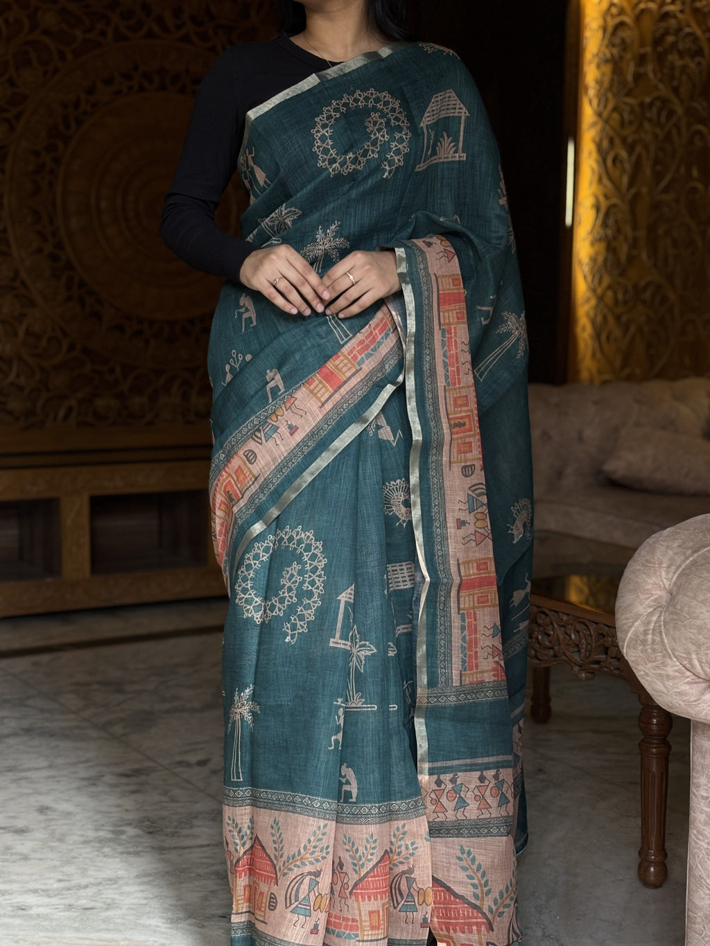 Folk linen cotton saree