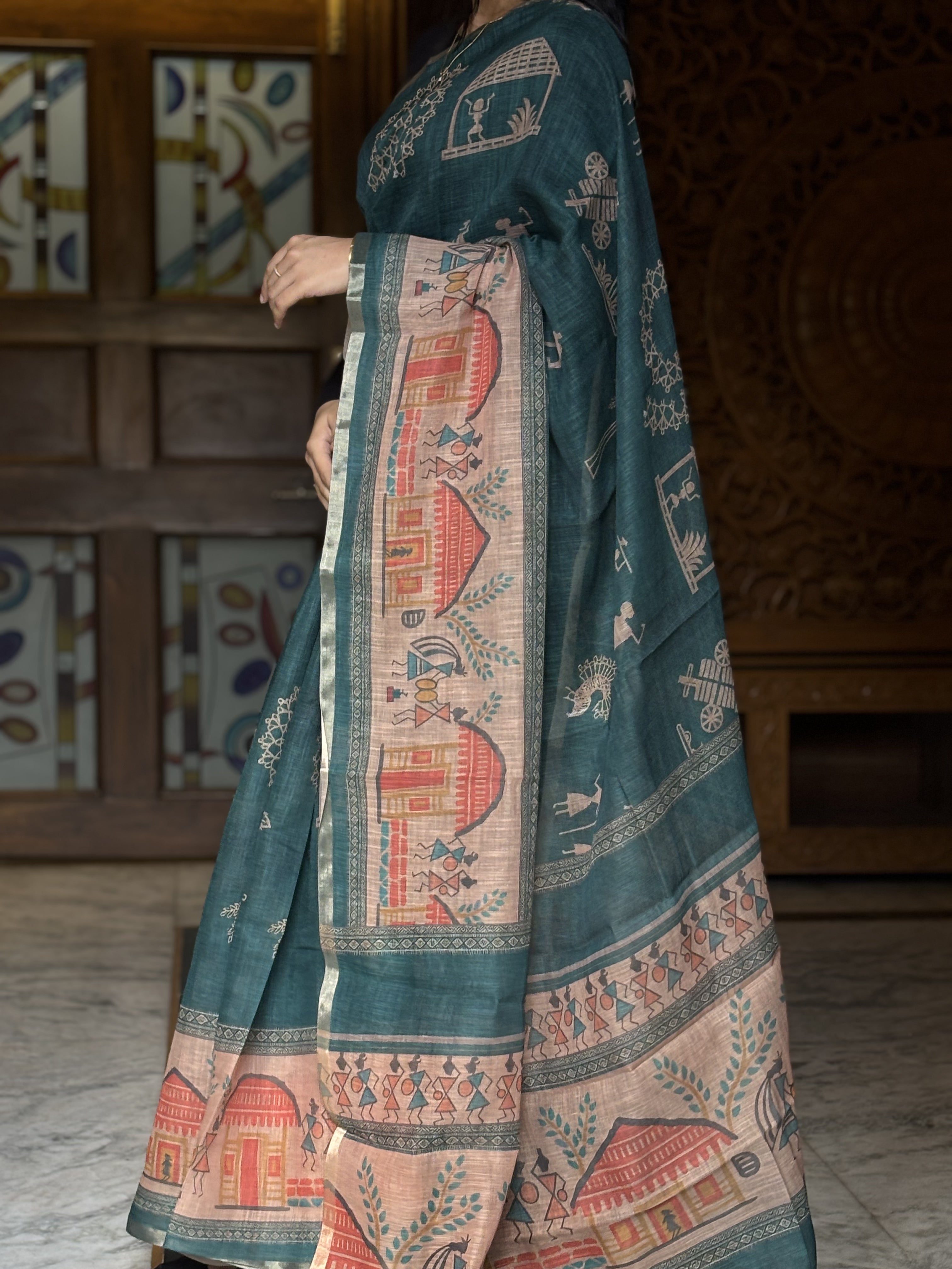 Folk linen cotton saree