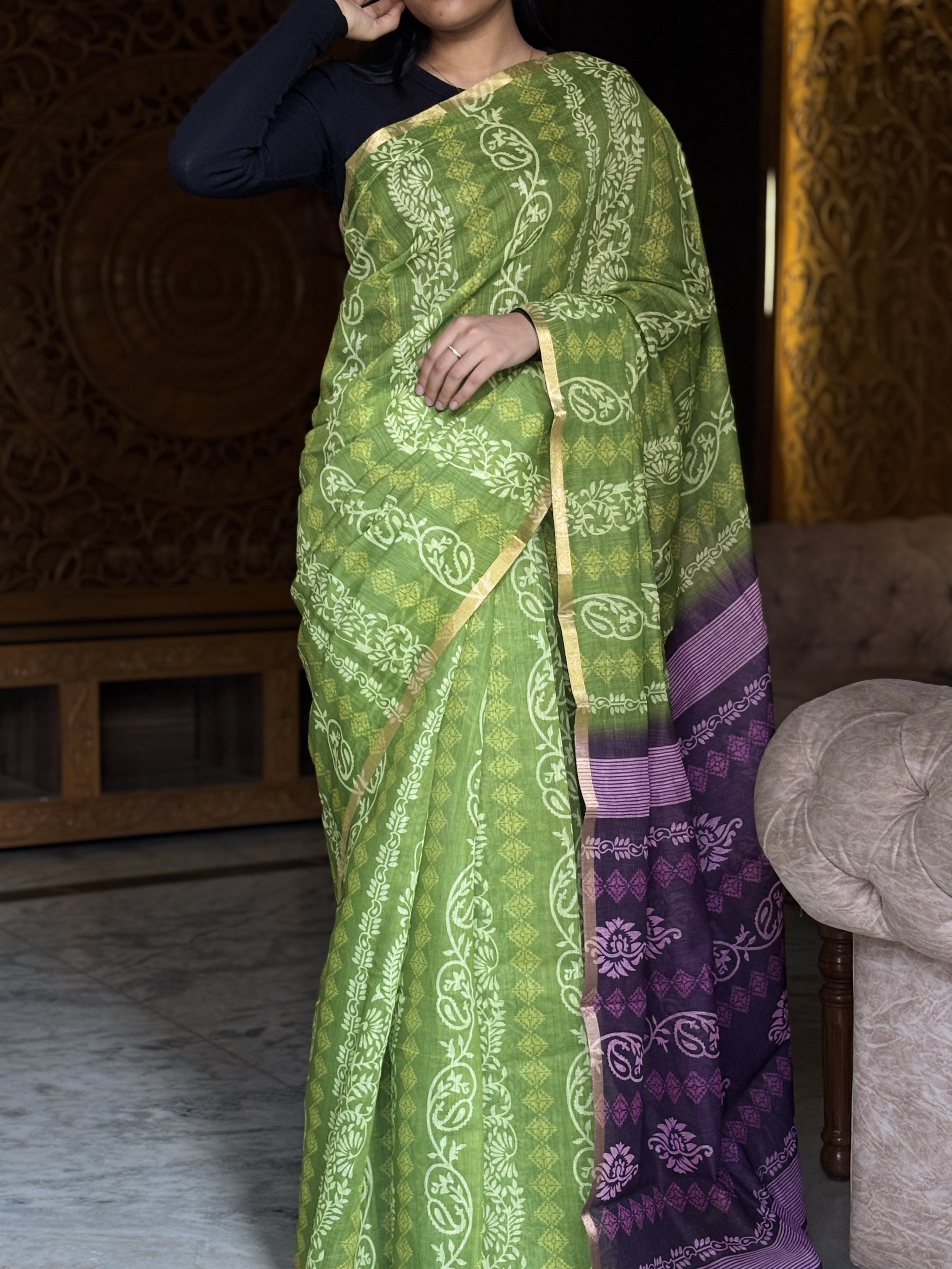 parrot linen cotton saree
