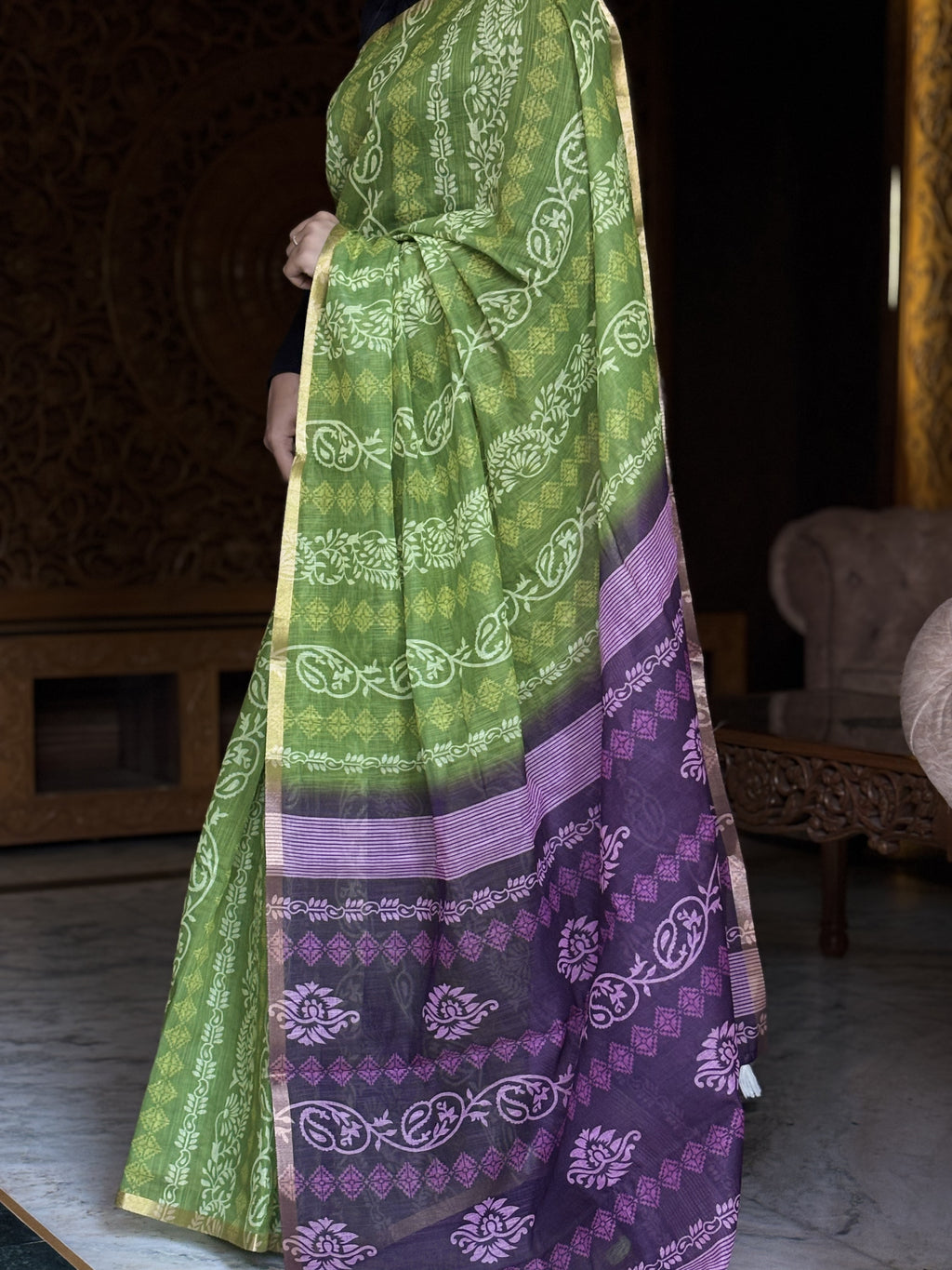 parrot linen cotton saree