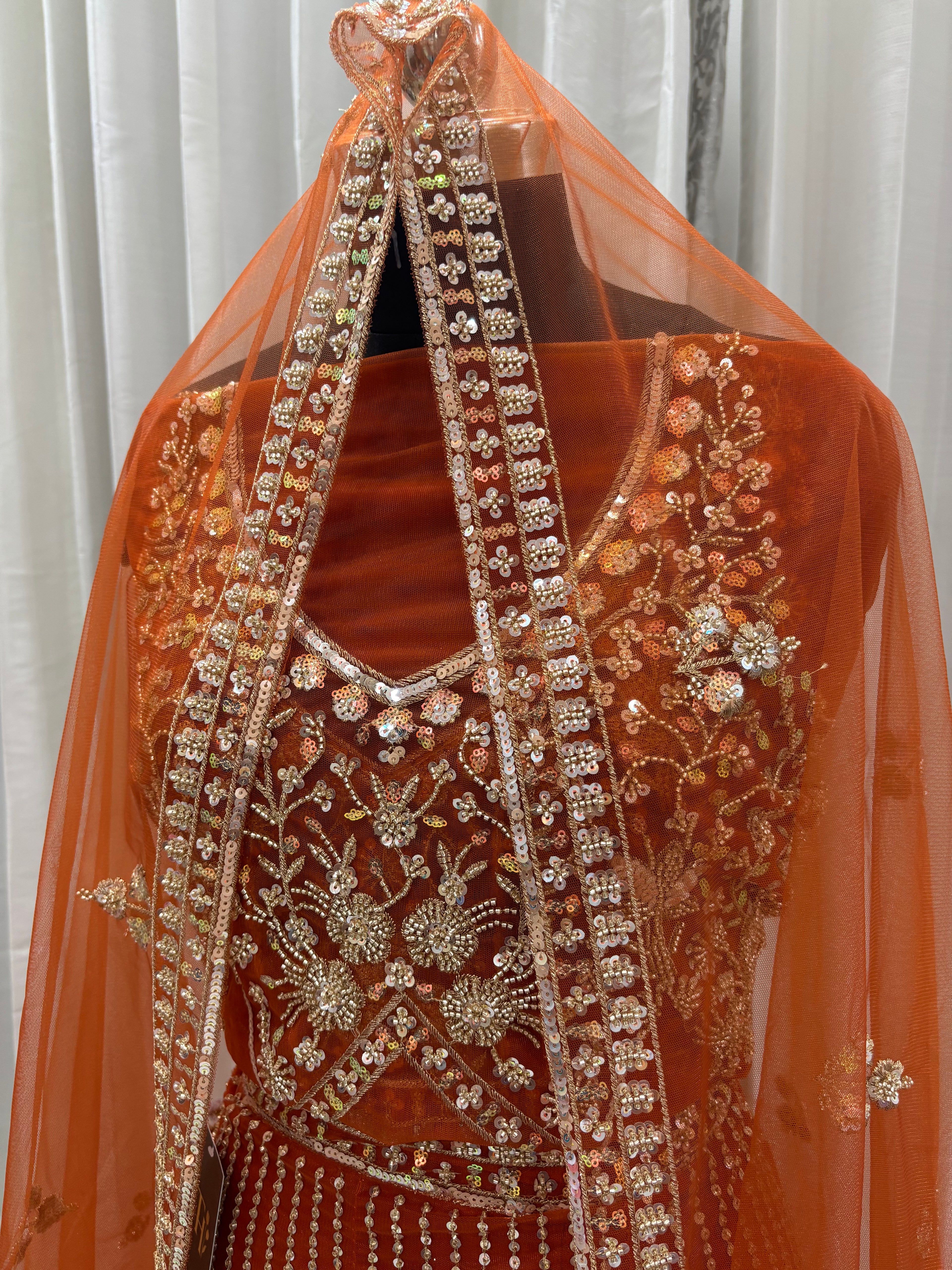 RUST BEADS WORK LEHENGA