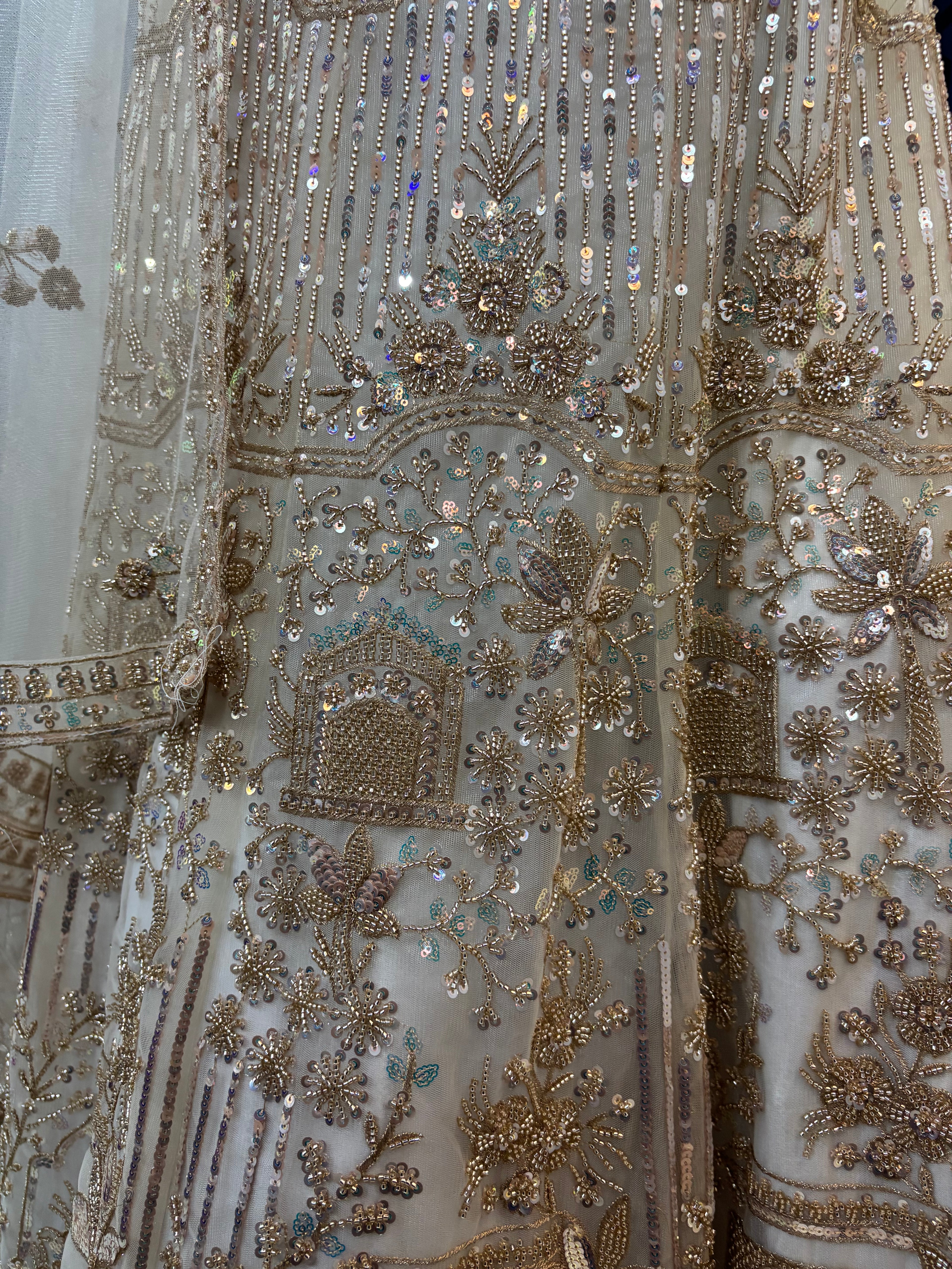 WHITE BEADS WORK LEHENGA