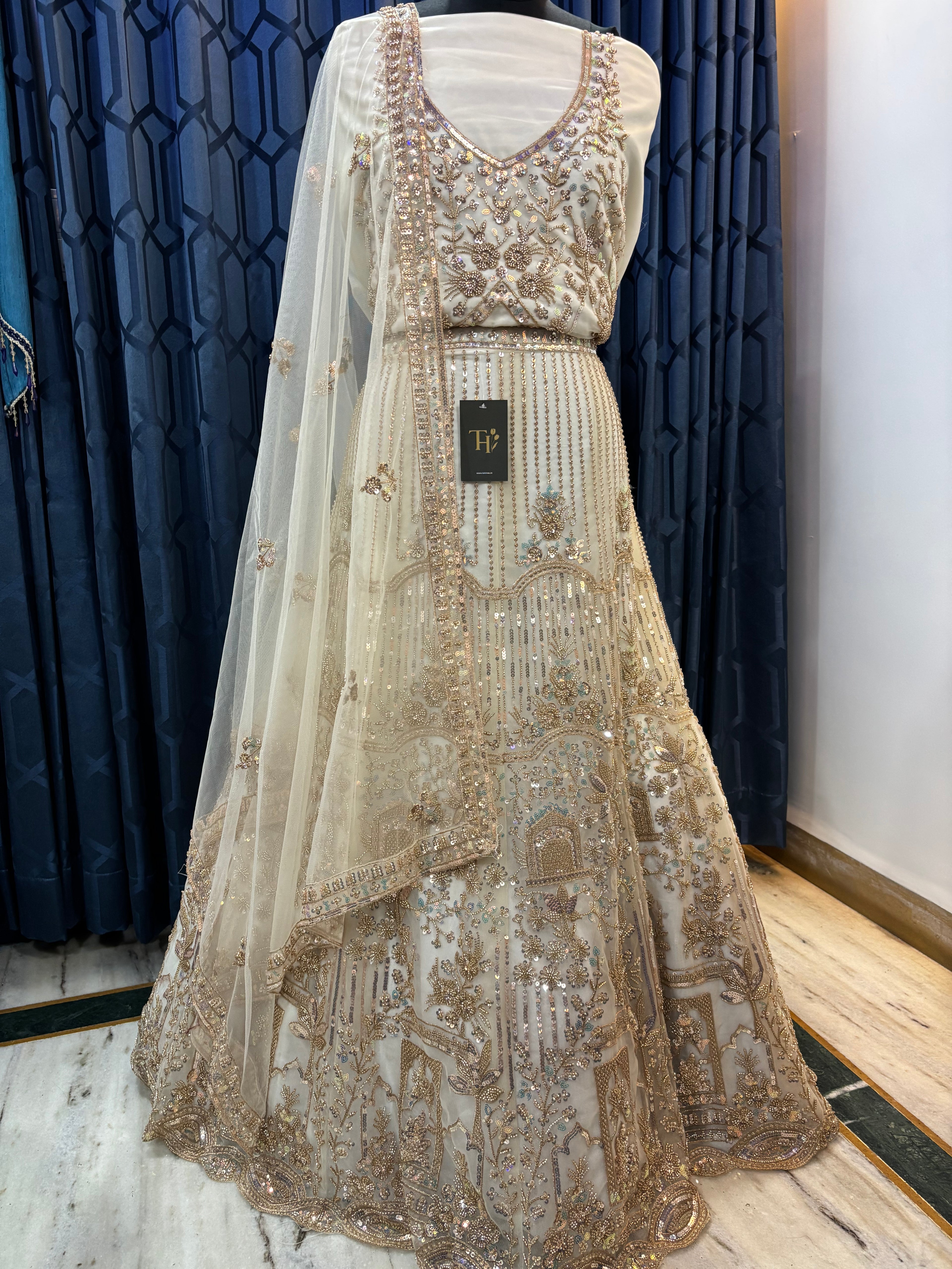 WHITE BEADS WORK LEHENGA