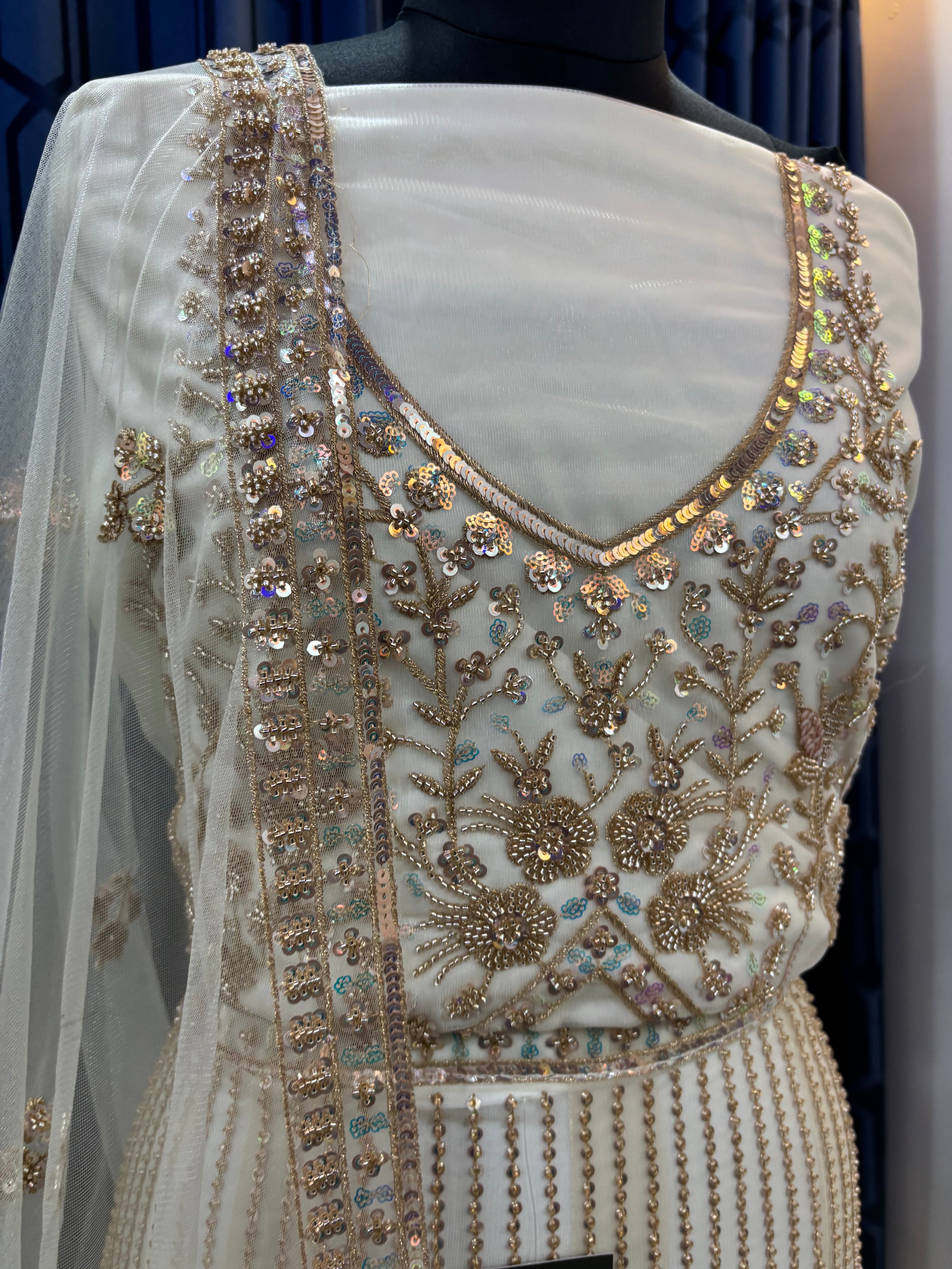 WHITE BEADS WORK LEHENGA