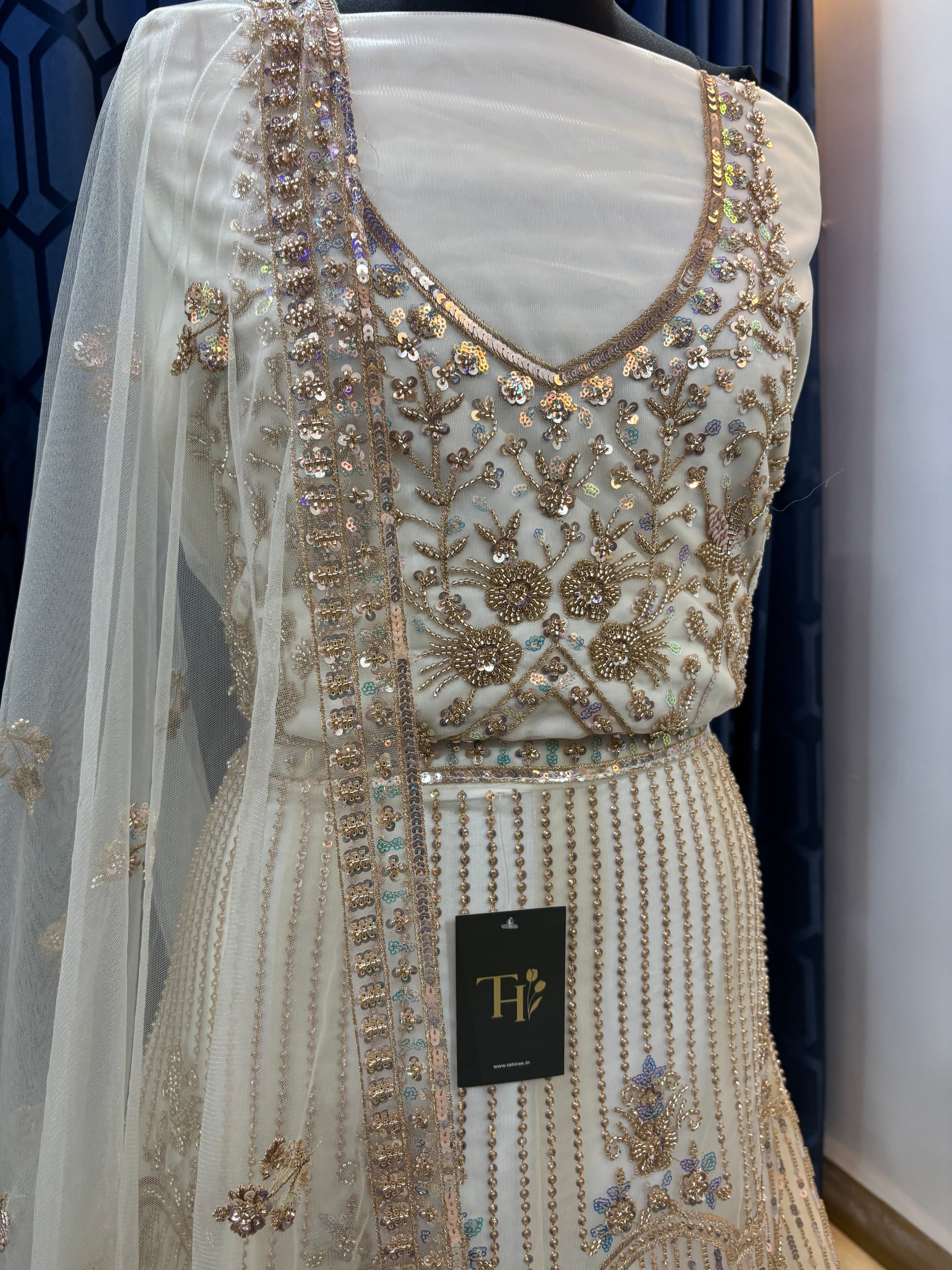 WHITE BEADS WORK LEHENGA