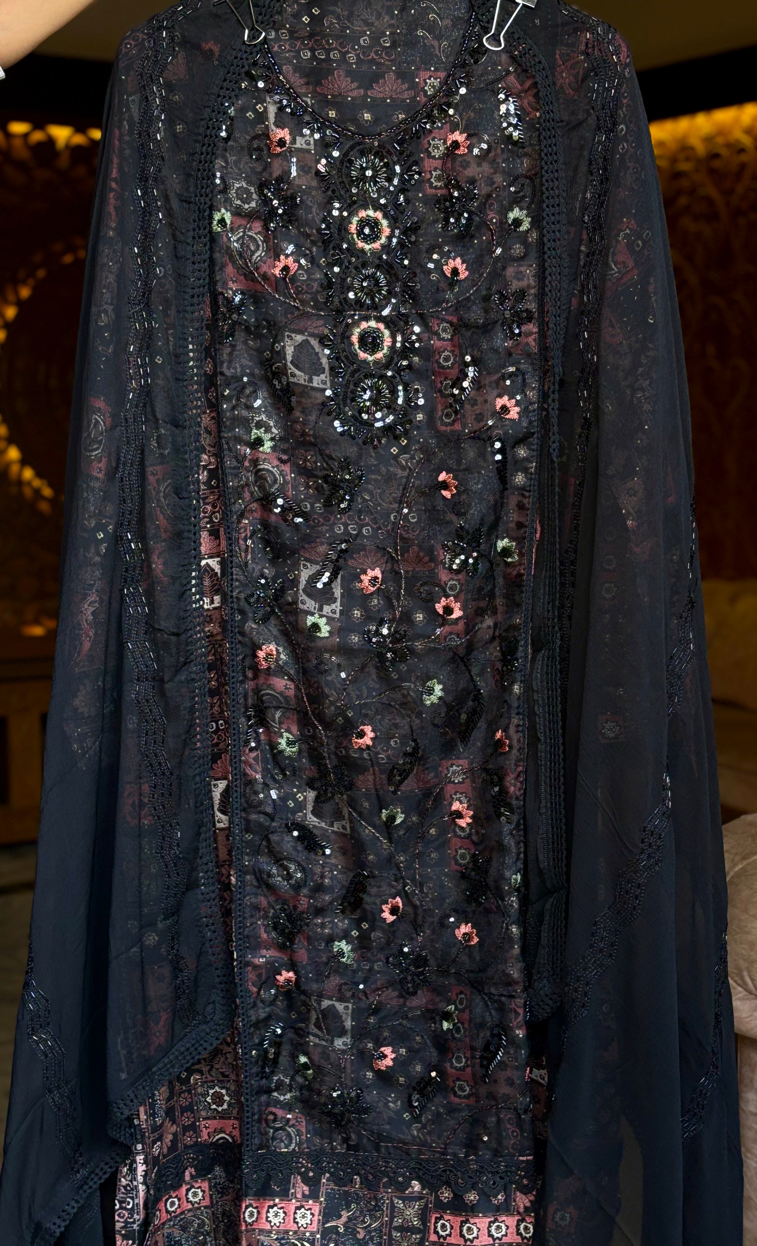 black beads unstitched suit