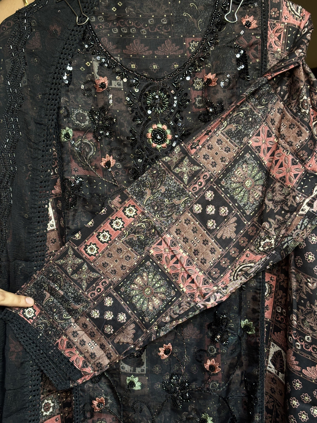 black beads unstitched suit