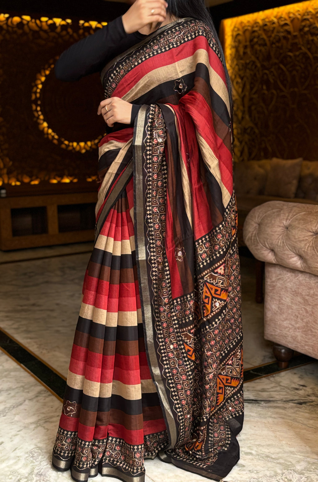 Striped Aari Work Saree