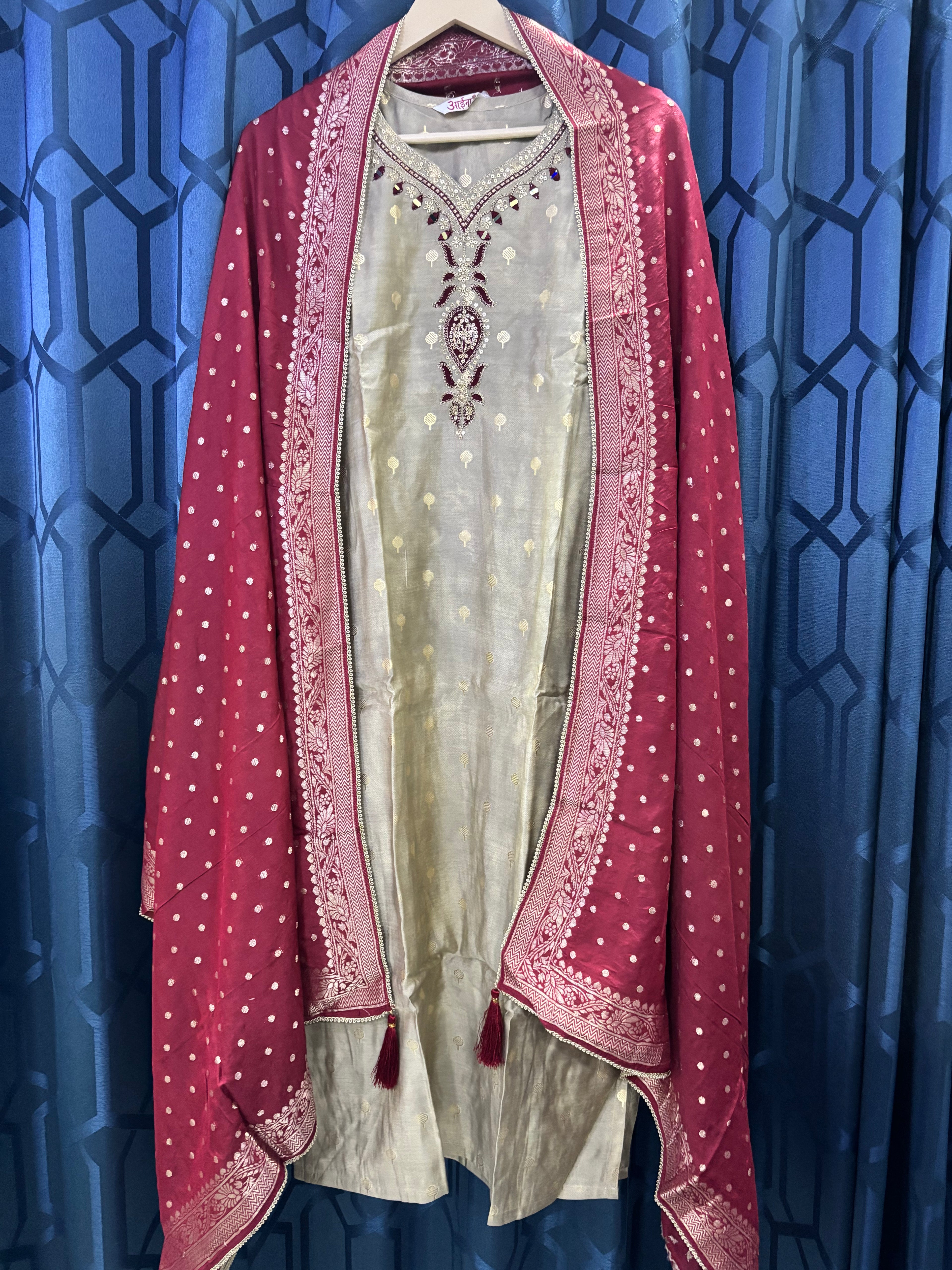 Beige Maroon Suit set