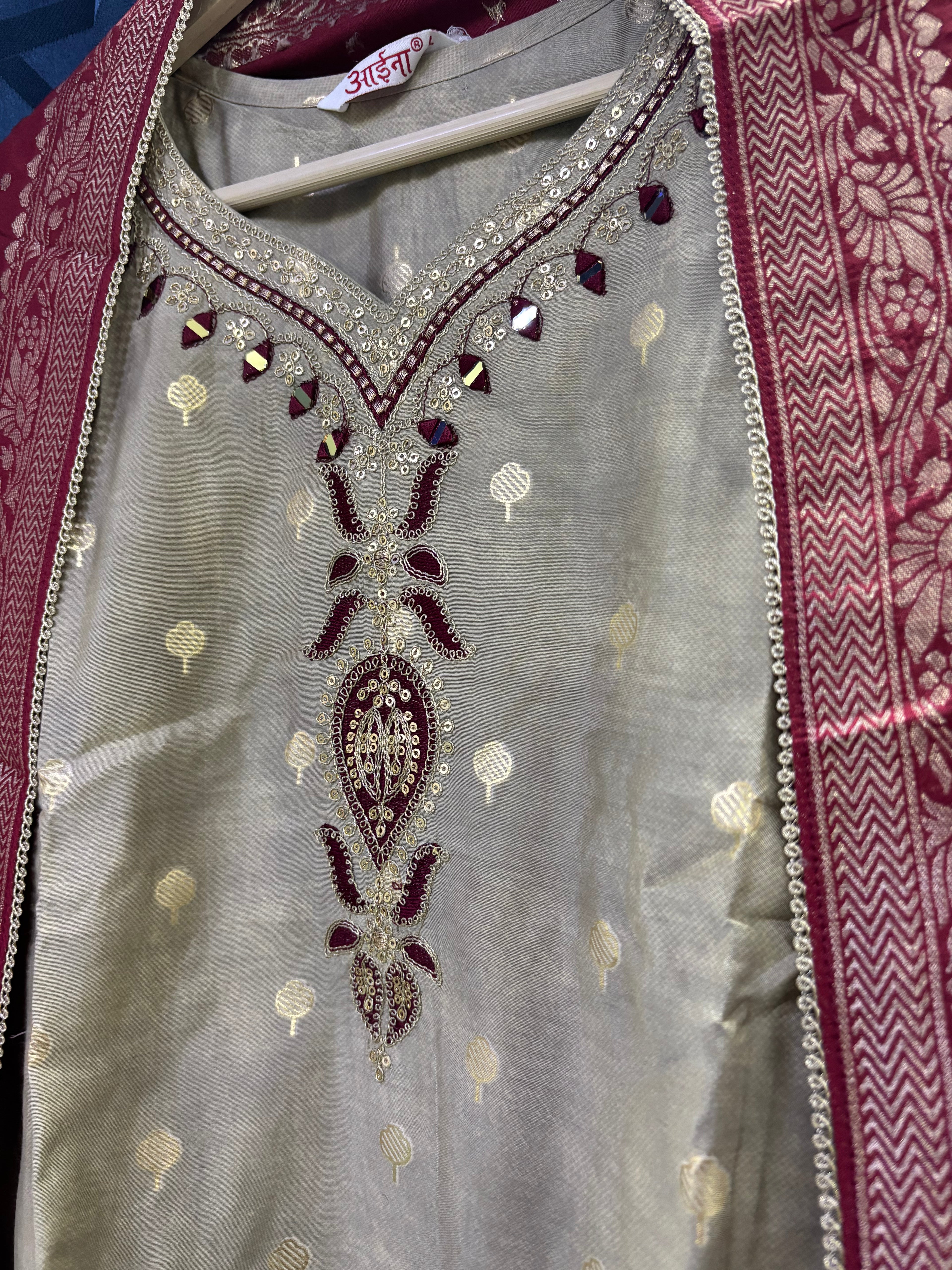 Beige Maroon Suit set