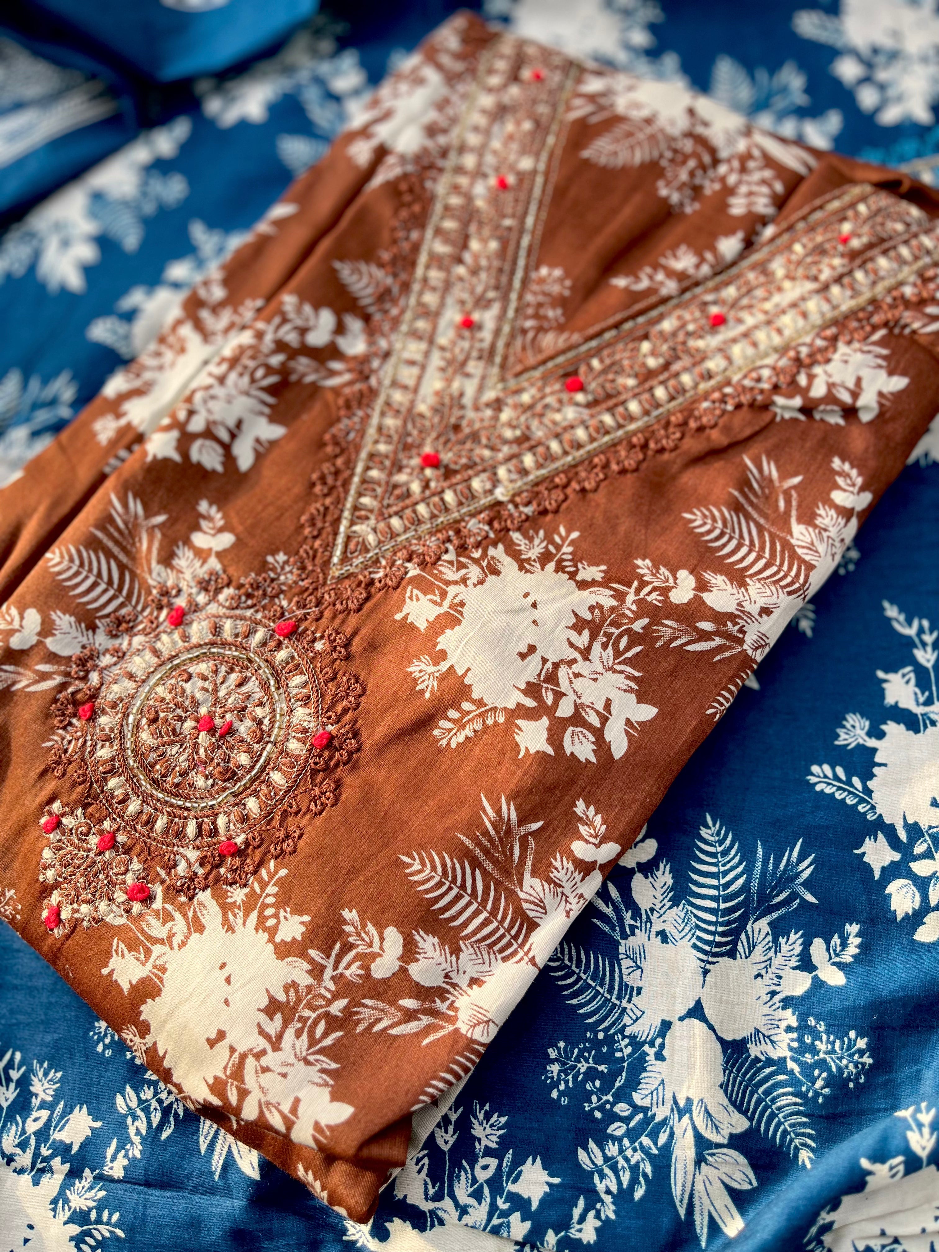 V Neck cotton unstitched suit