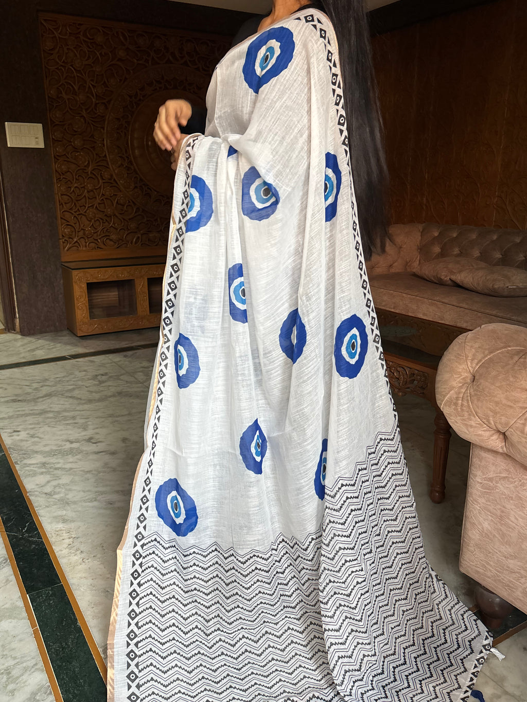 Evil eye linen cotton saree