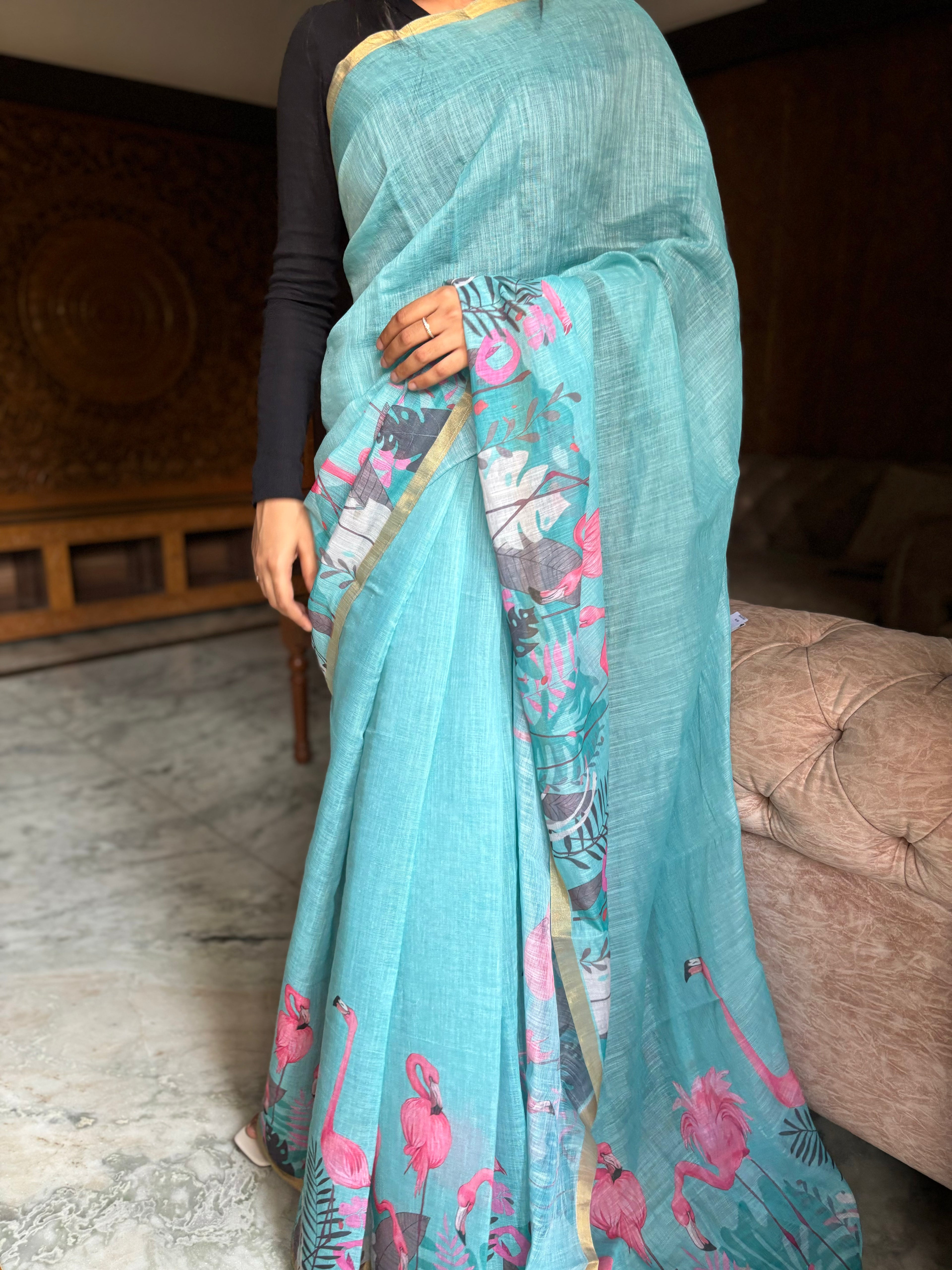 flamingo linen cotton saree