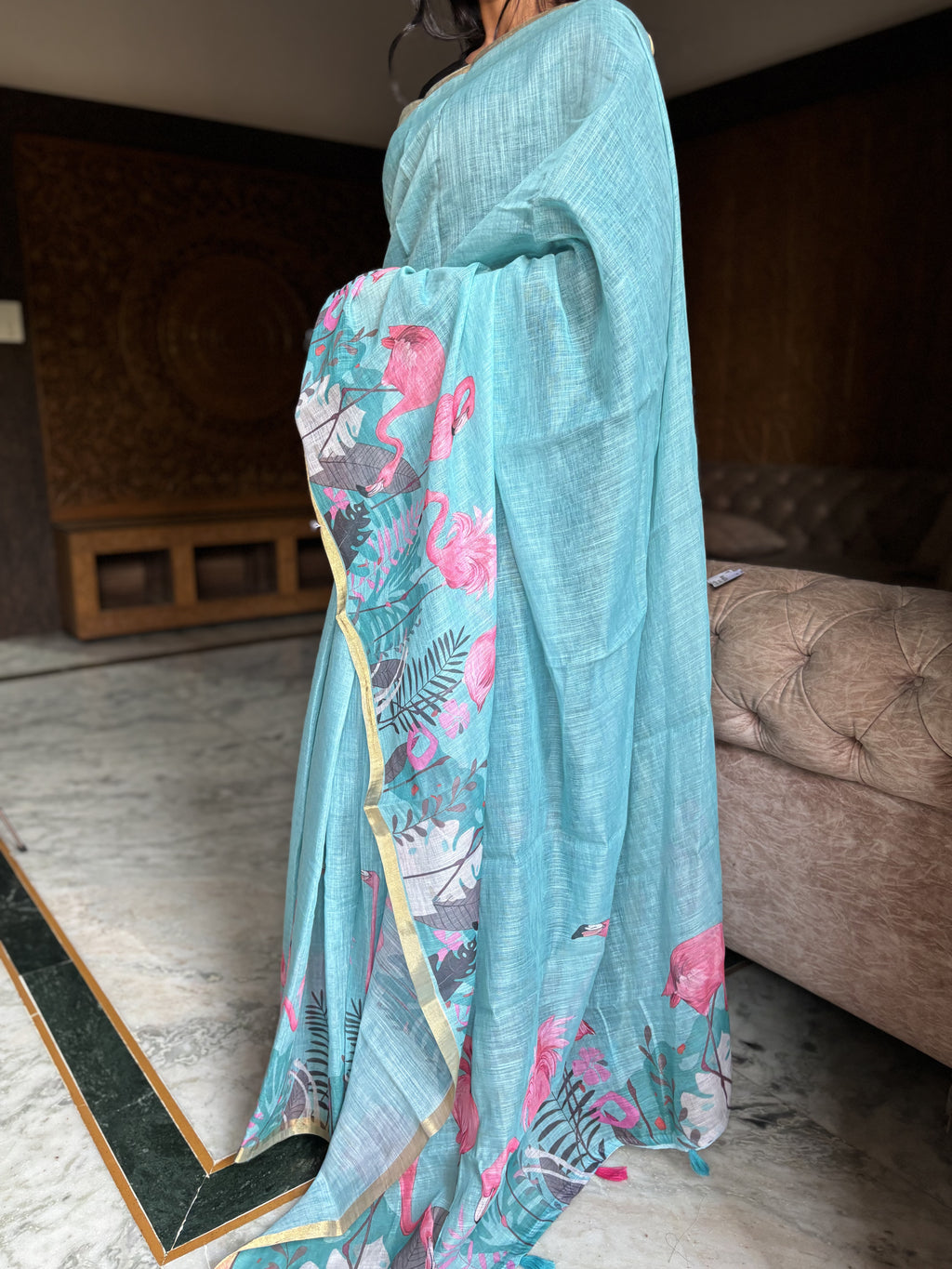 flamingo linen cotton saree