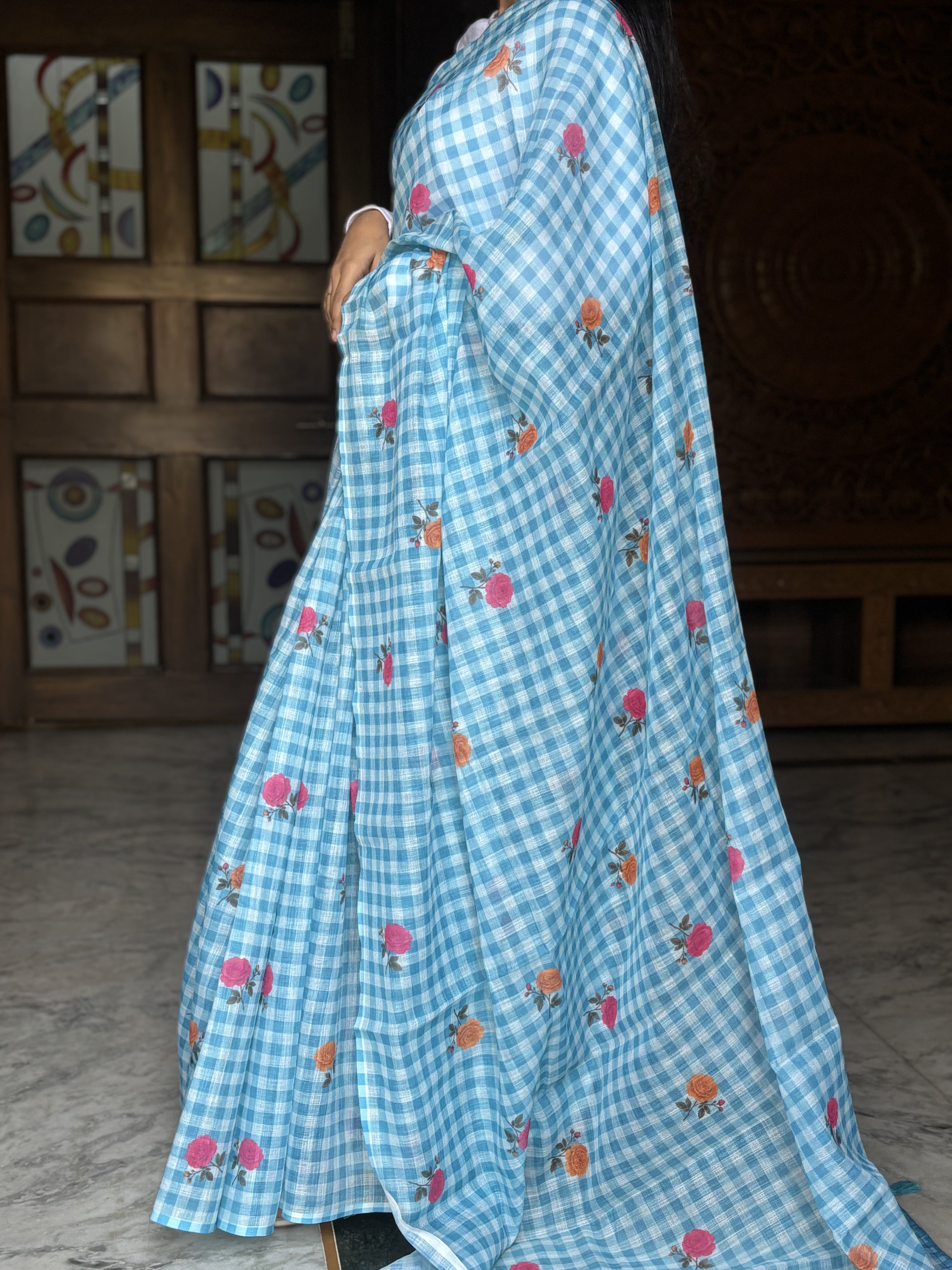 cloud blue linen cotton saree