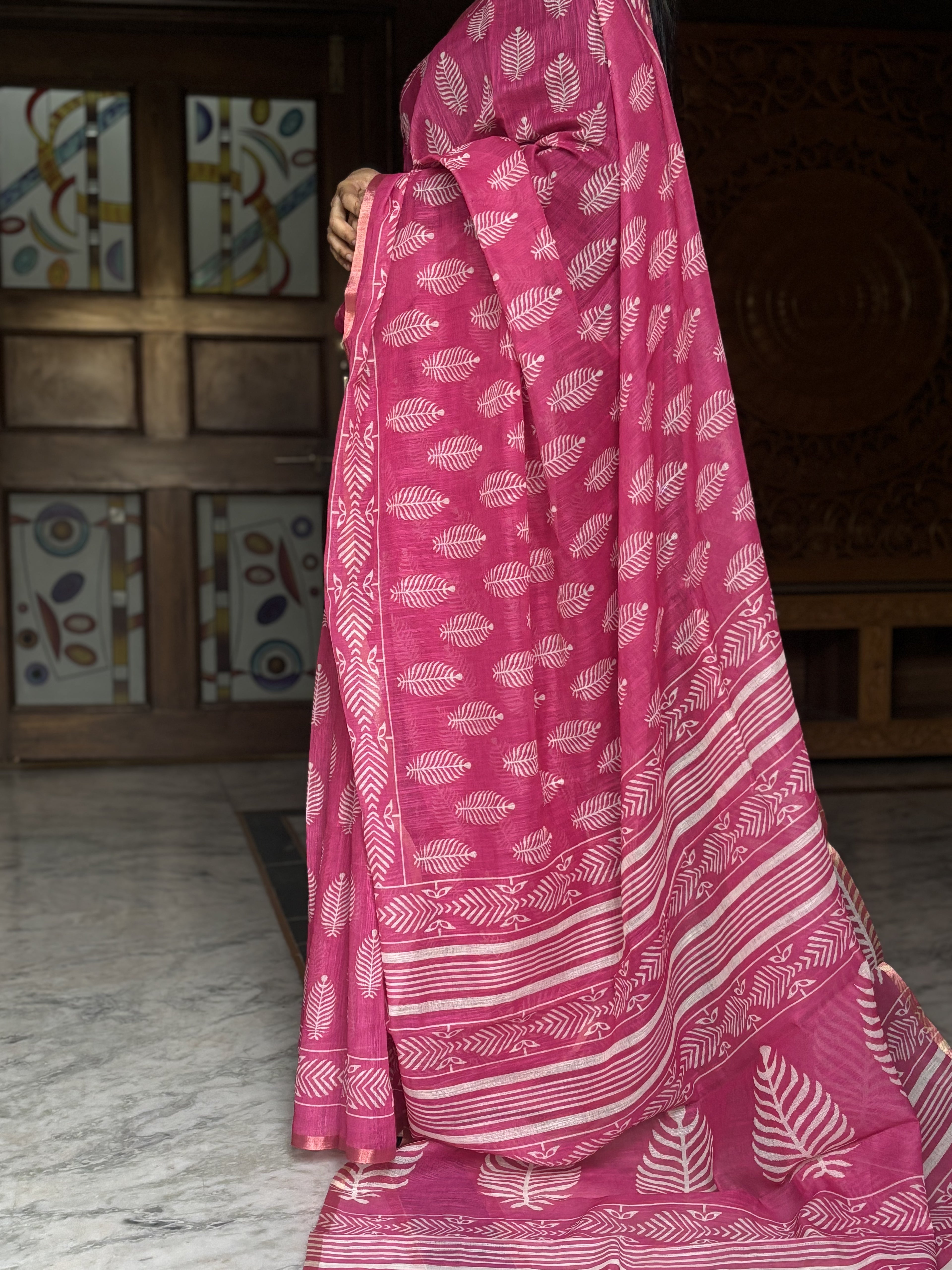 pink linen cotton saree