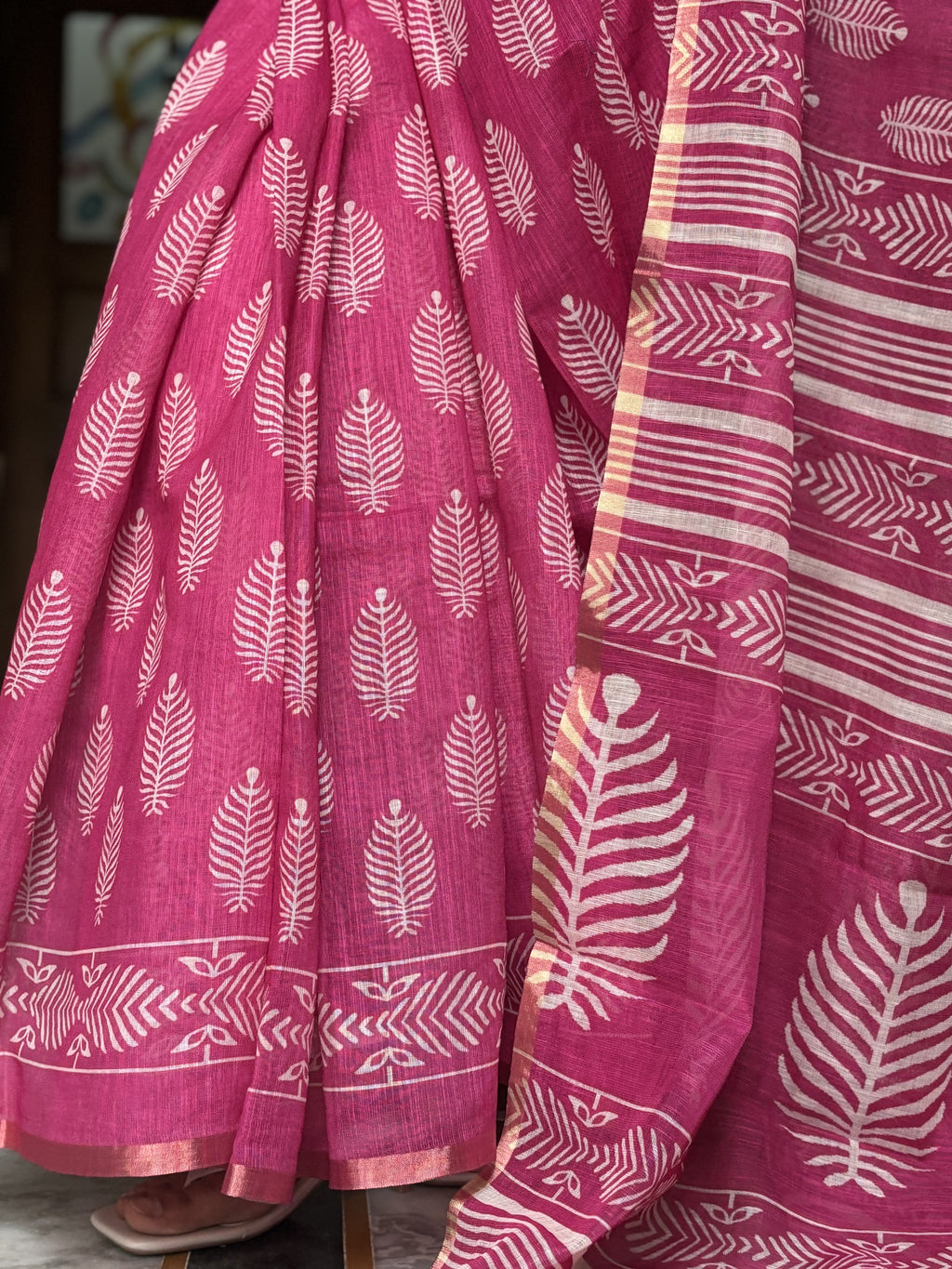 pink linen cotton saree