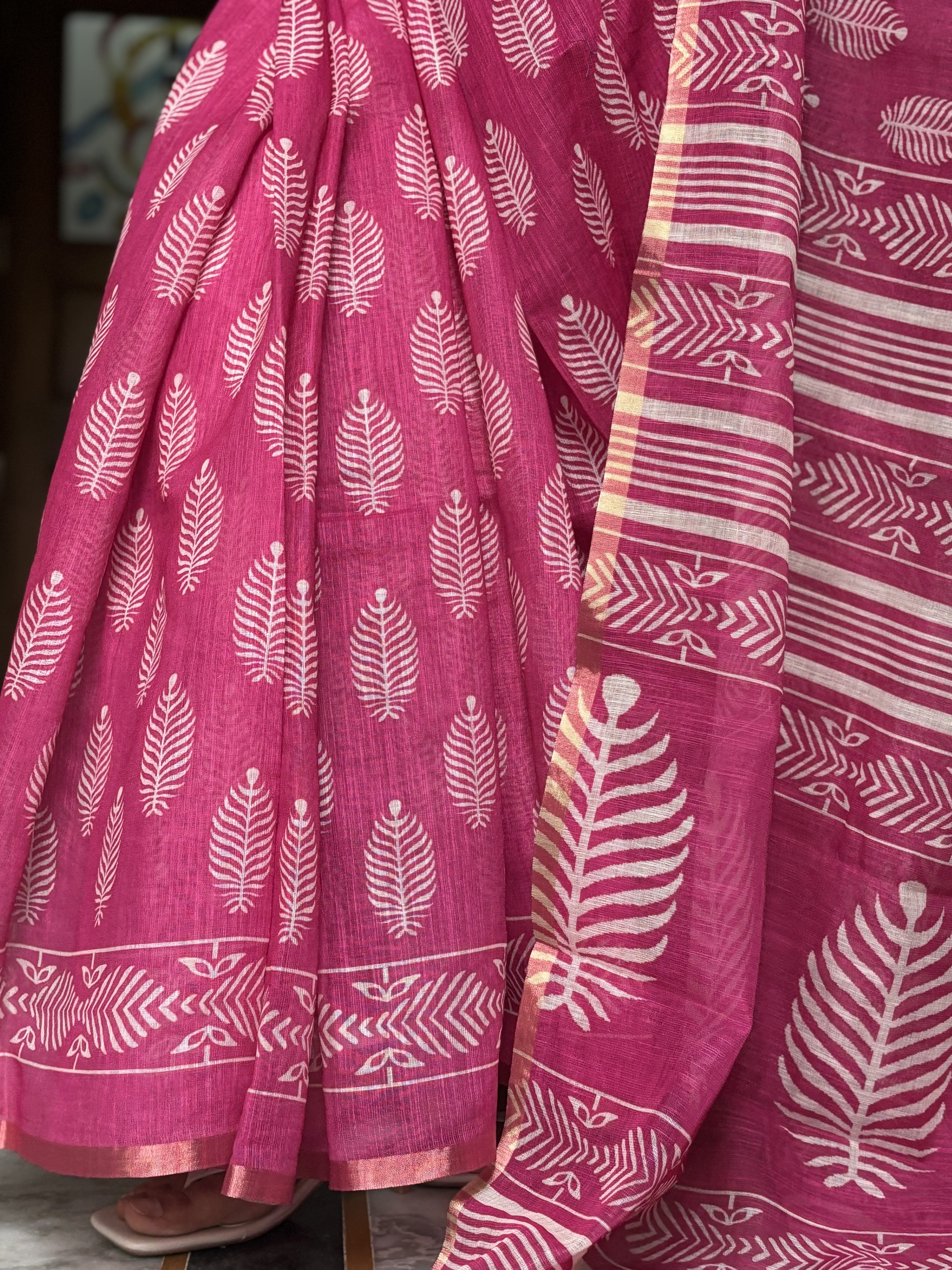 pink linen cotton saree