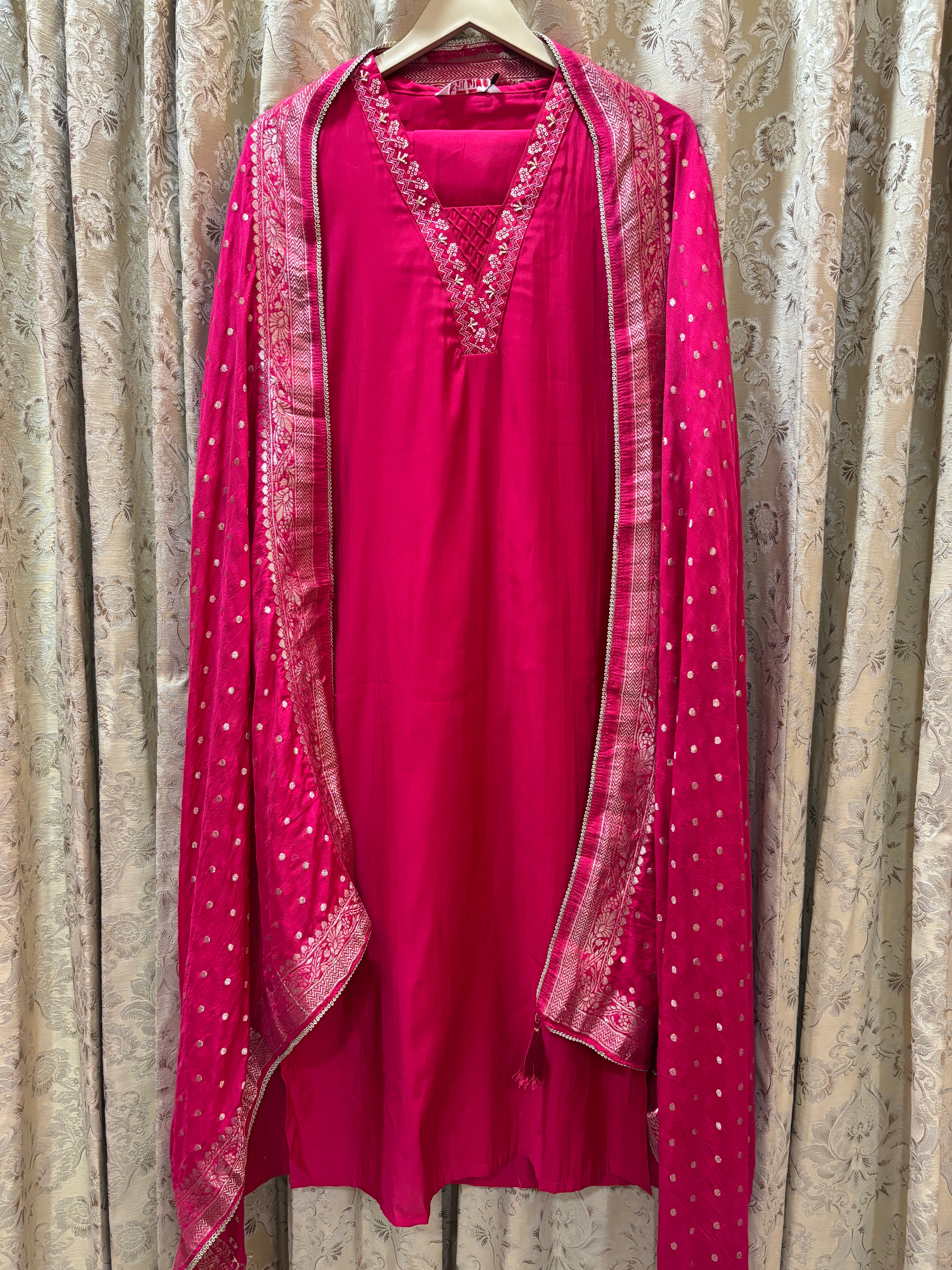 Pink V neck Suit Set