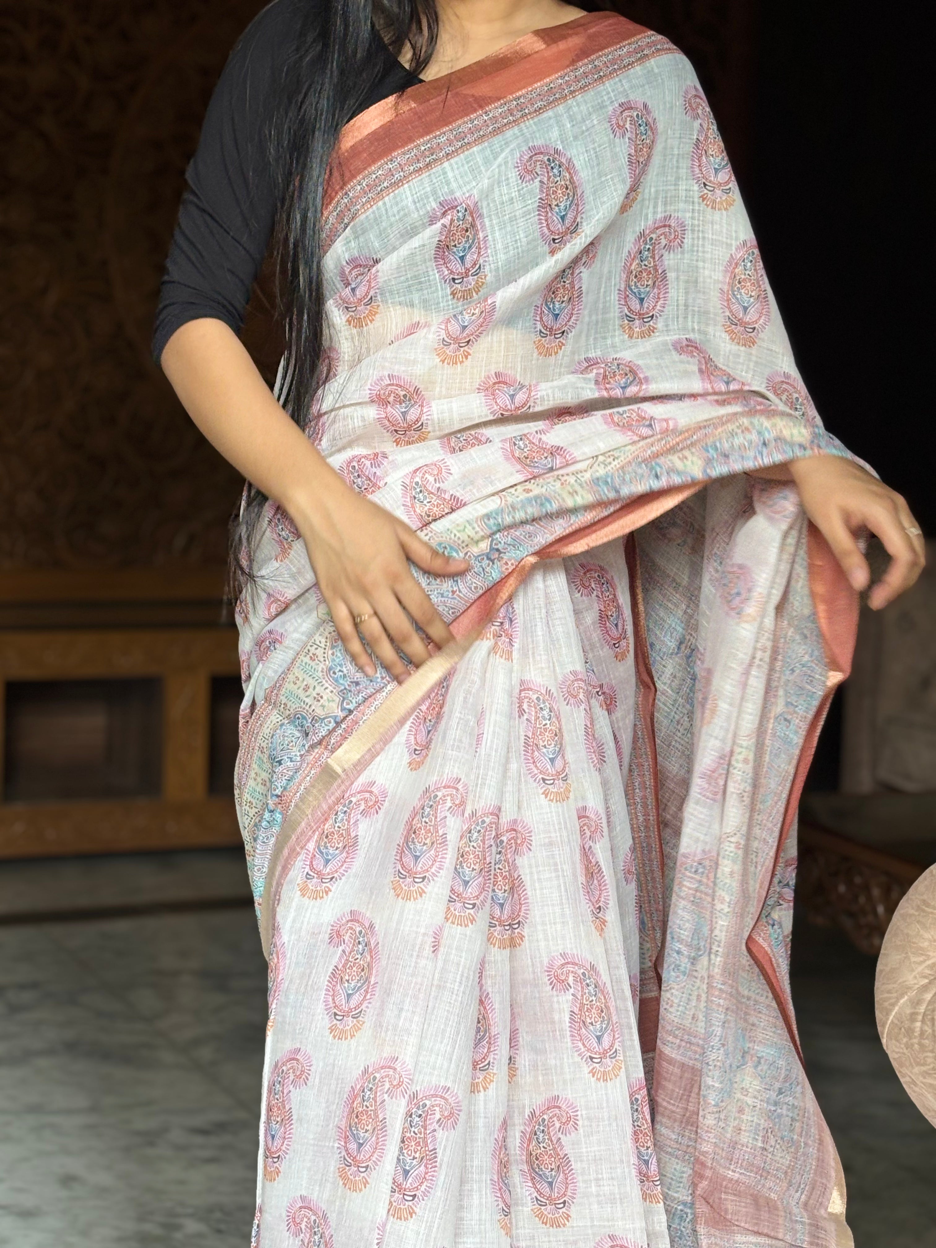 white linen cotton saree