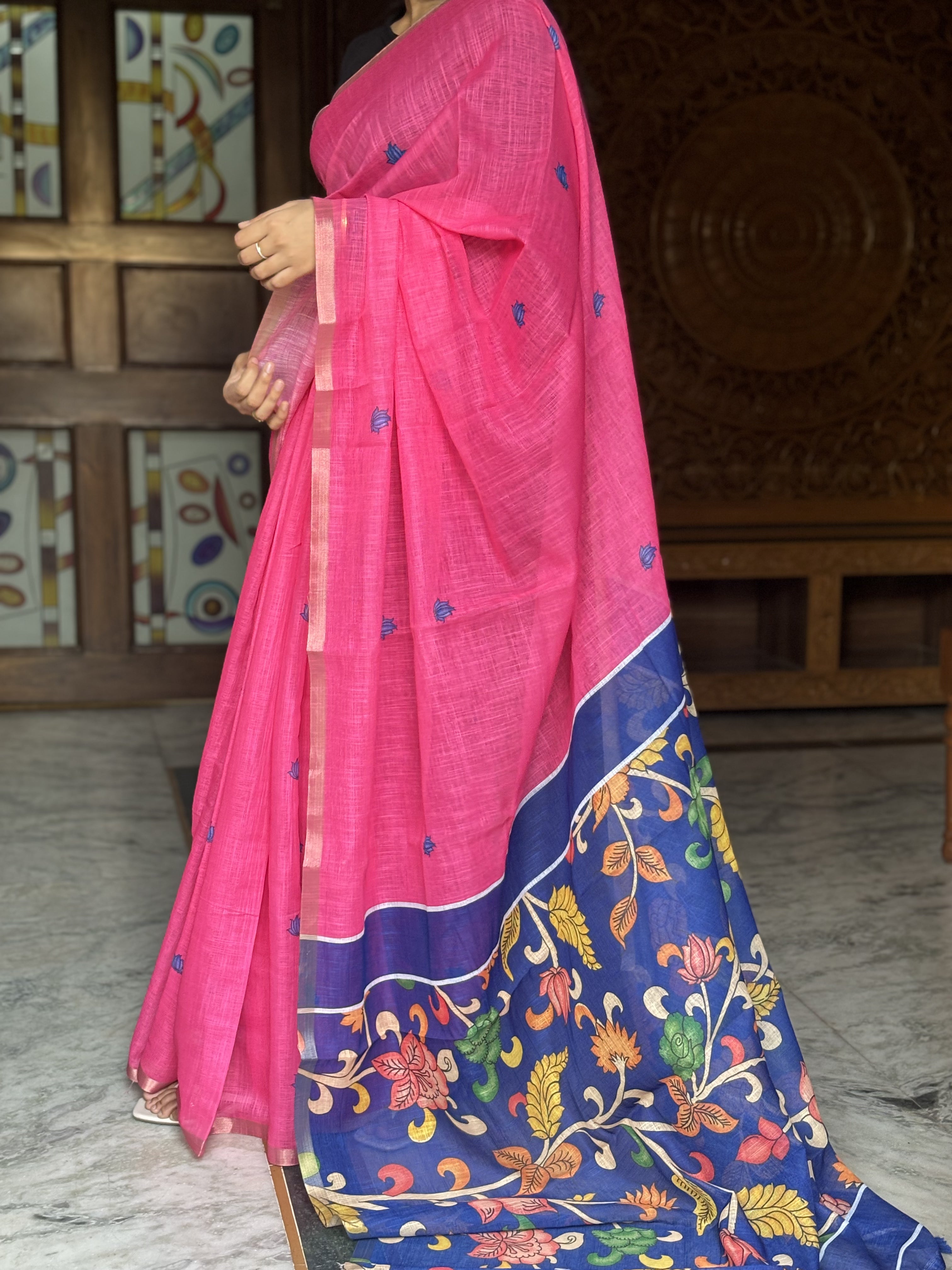 lotus pink linen cotton saree