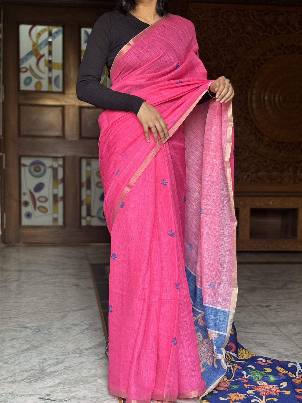 lotus pink linen cotton saree