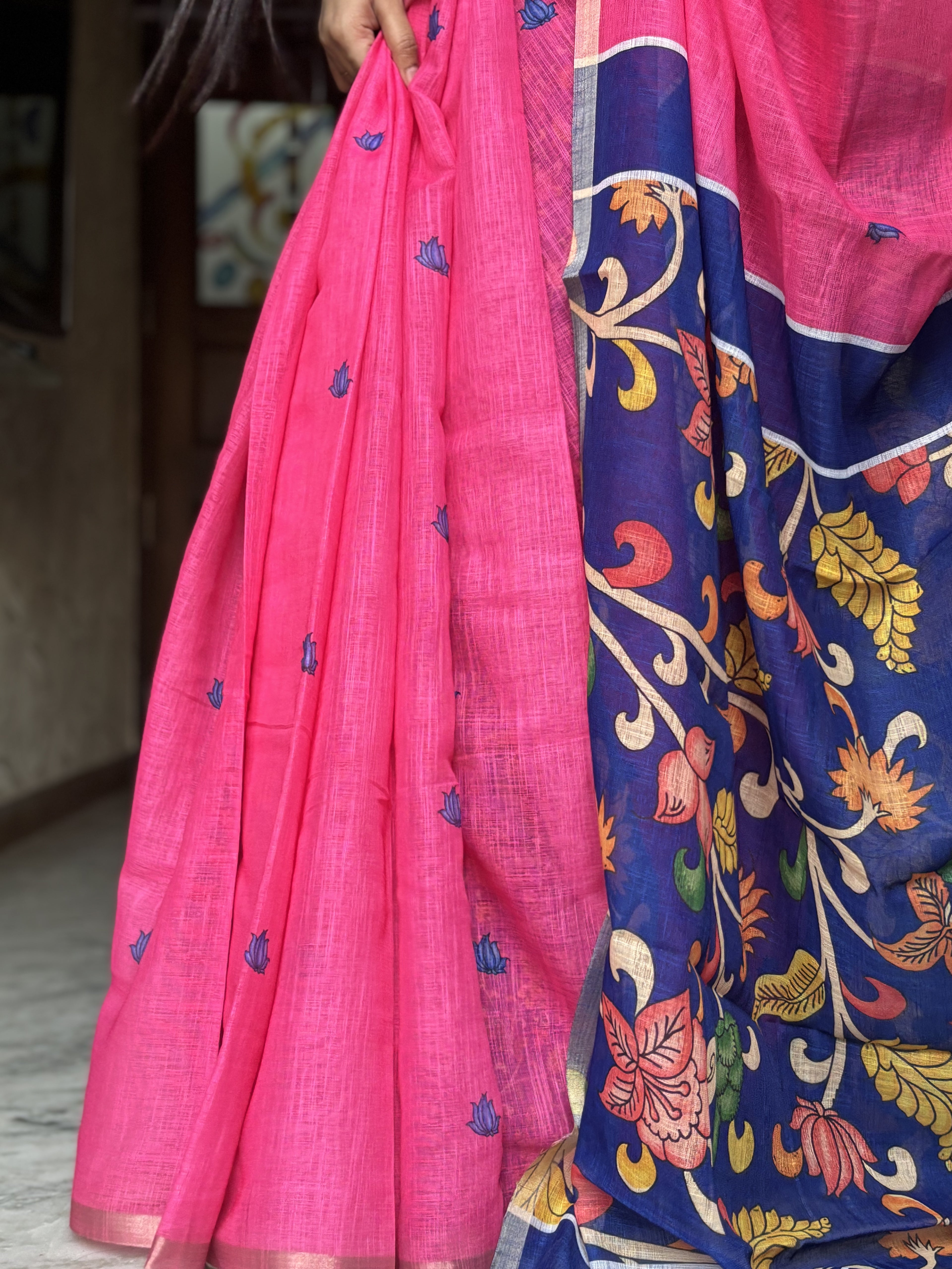 lotus pink linen cotton saree