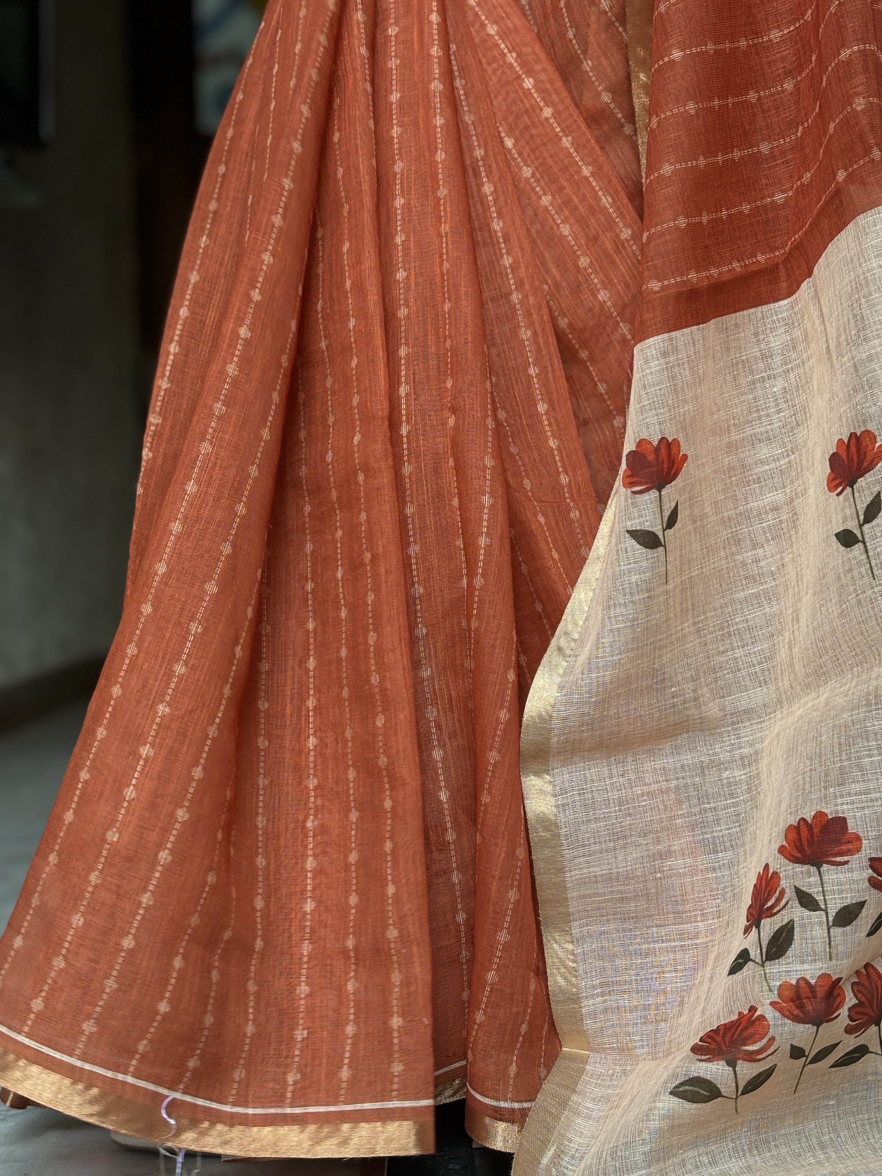 Rust Orange cotton Linen Saree