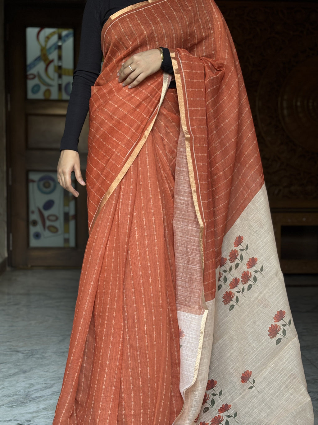 Rust Orange cotton Linen Saree