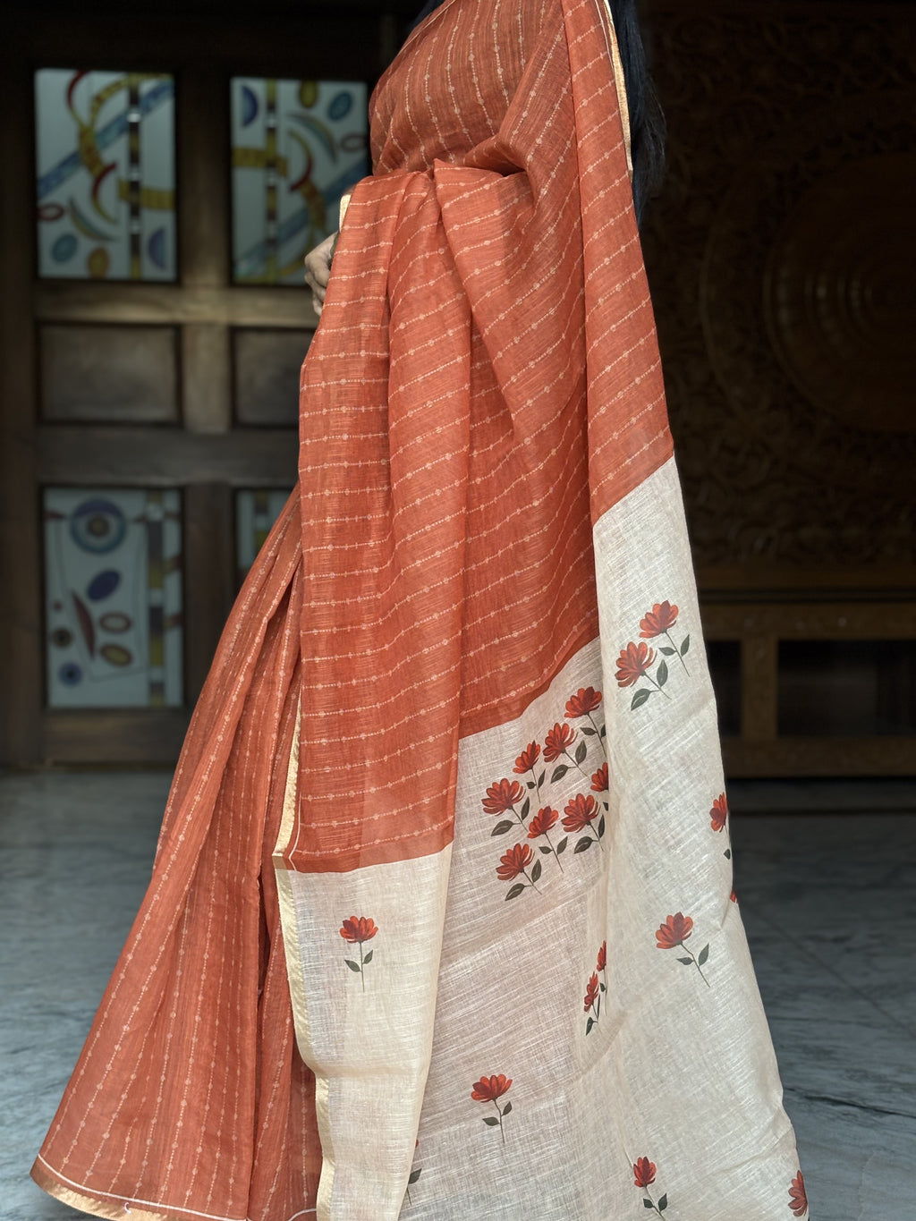 Rust Orange cotton Linen Saree