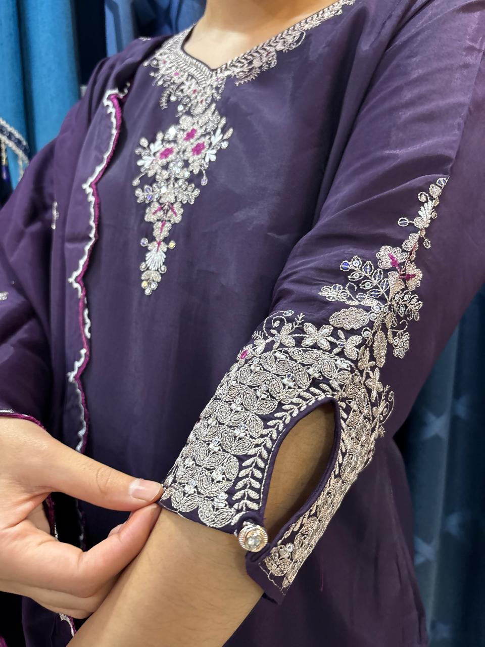 Purple Cut work silk suit