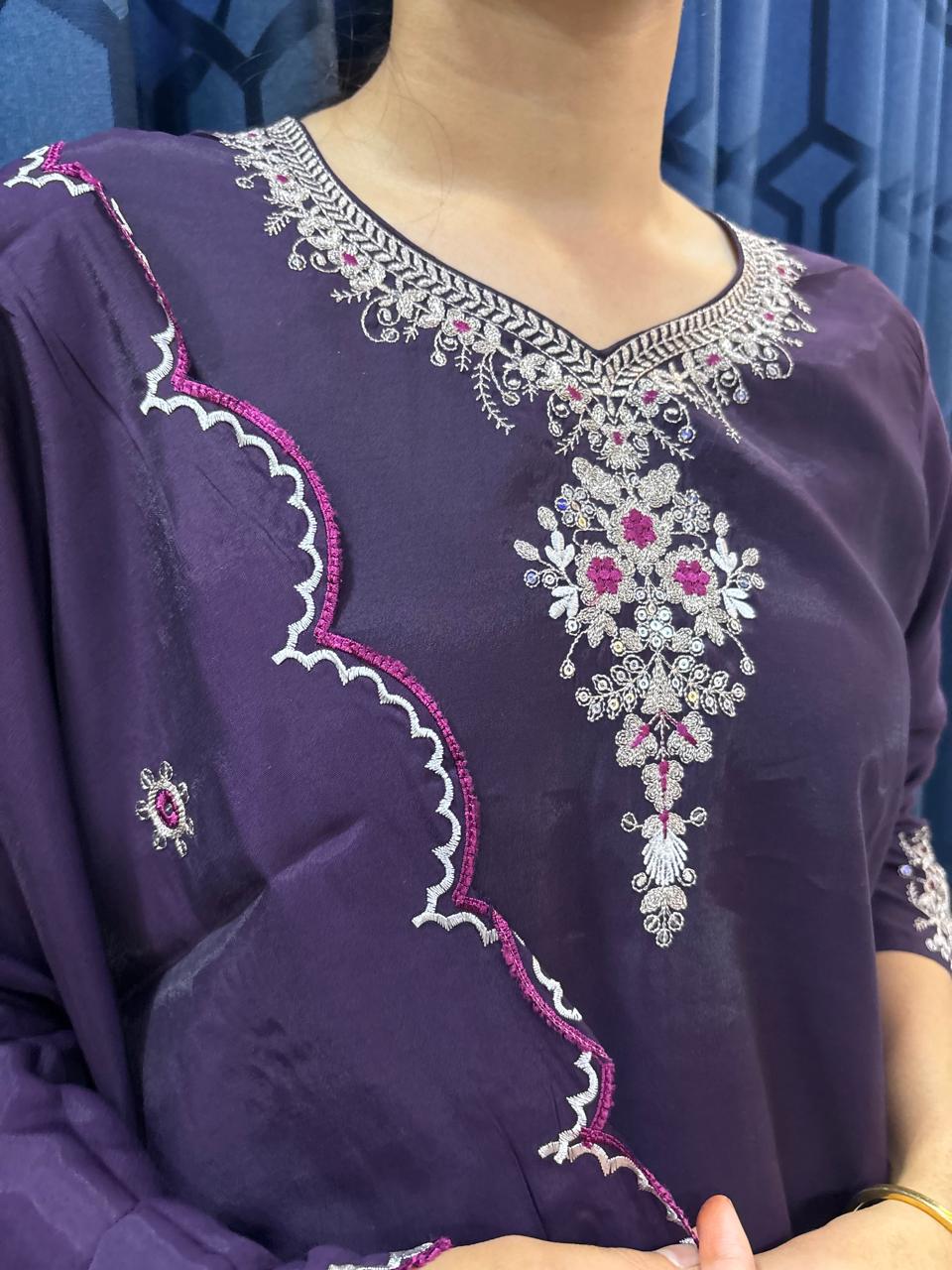 Purple Cut work silk suit