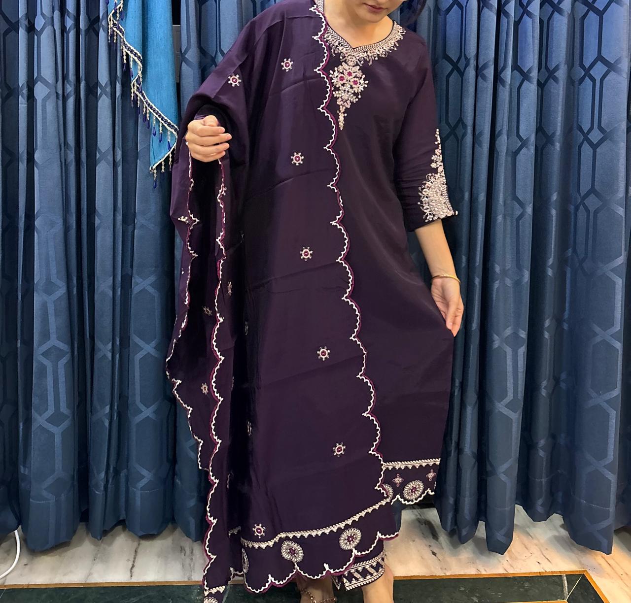 Purple Cut work silk suit